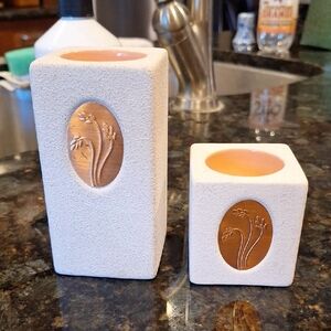 PartyLite Sandstone White Ceramic Candle Holders with Coppe Medallion - Set of 2